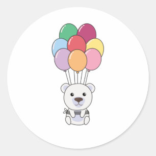 Sticker Rond Ours Polaire S'Envole Avec Des Ballons Colorés
