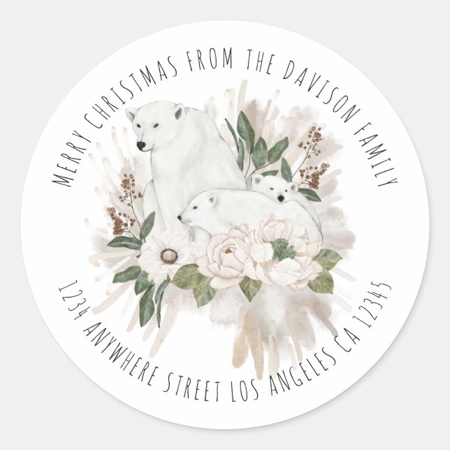 Sticker Rond Ours polaires Nom Retour Adresse Joyeux Noël (Devant)