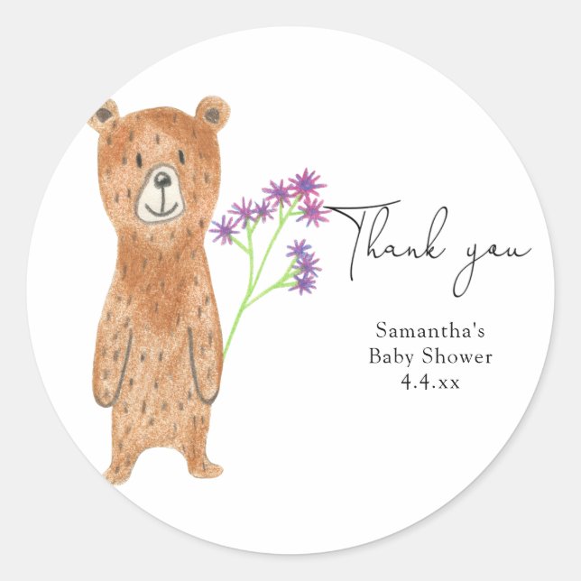 Sticker Rond Ours remercie bébé shower (Devant)