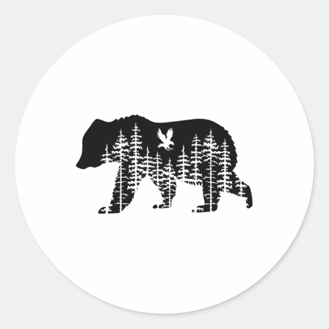 Sticker Rond Ours Rétro Forêt Arbres Extérieur Faune Camping  (Devant)