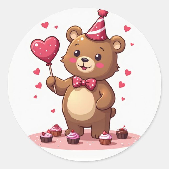 Sticker Rond Ours Romantique Offrant Lollipop En Forme De Coeur (Devant)