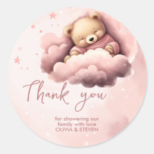 Sticker Rond Ours rose sur les nuages baby shower invitation