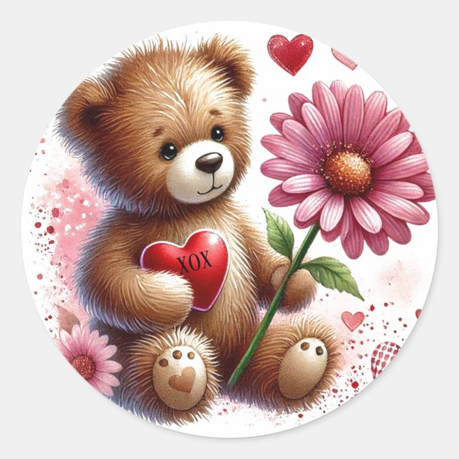 Sticker Rond Ours Teddy Avec Coeur Saint-Valentin Rouge (Devant)