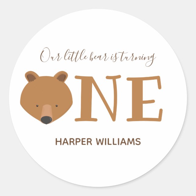 Sticker Rond Ours Turner un animal mignon premier anniversaire (Devant)