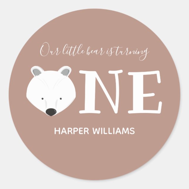 Sticker Rond Ours Turner un animal mignon premier anniversaire (Devant)