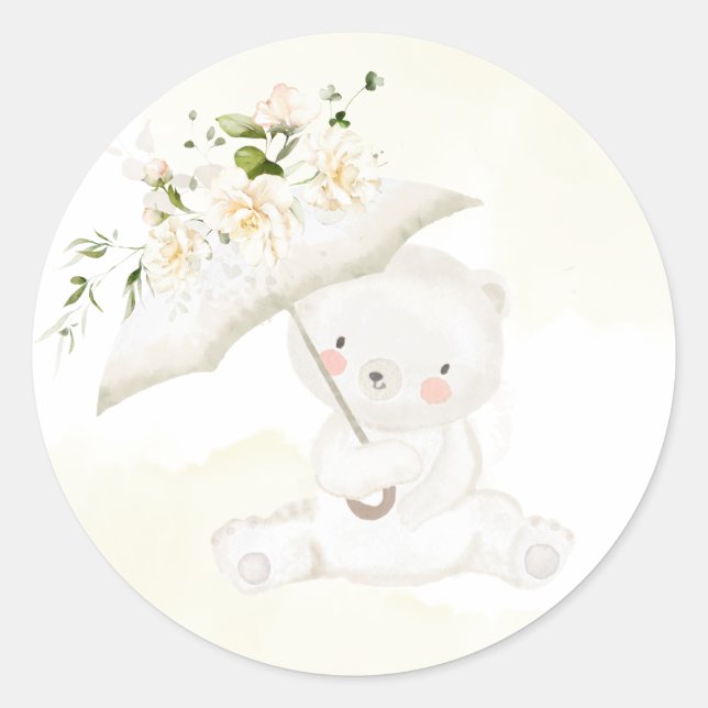 Sticker Rond Ours vert Genre Neutre Floral Baby shower Cl (Devant)