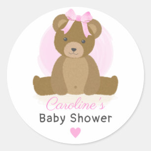 Sticker Rond Ourson avec un joli nœud rose Baby Shower Fille