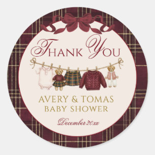 Sticker Rond Ourson Fille Plaid Bordeaux Arc-en-ciel Baby Showe