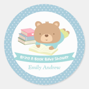 Sticker Rond Ourson Mignon Apporte un Livre à la Baby Shower