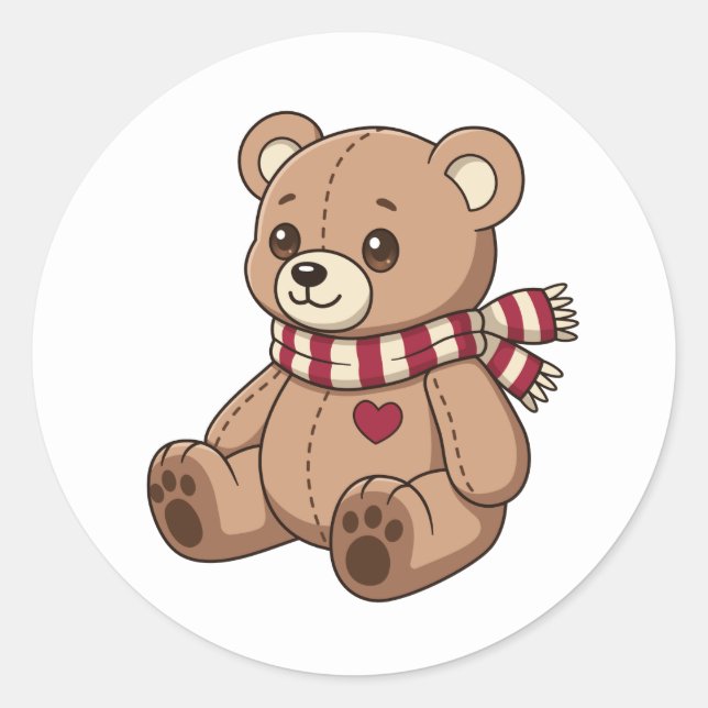 Sticker Rond Ourson Mignon avec Écharpe Rayée (Devant)