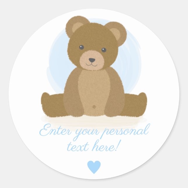 Sticker Rond Ourson Mignon Cœur Bleu Fête de Naissance Garçon (Devant)