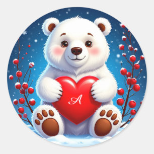 Sticker Rond Ourson polaire blanc adorable tenant un cœur rouge