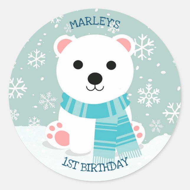 Sticker Rond Ourson polaire Flocons d'hiver (Devant)