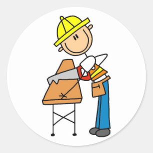 Sticker Rond Ouvrier du bâtiment sciant une planche
