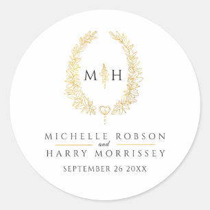 Sticker Rond Oval wreath art feuille or noir monogramme mariage