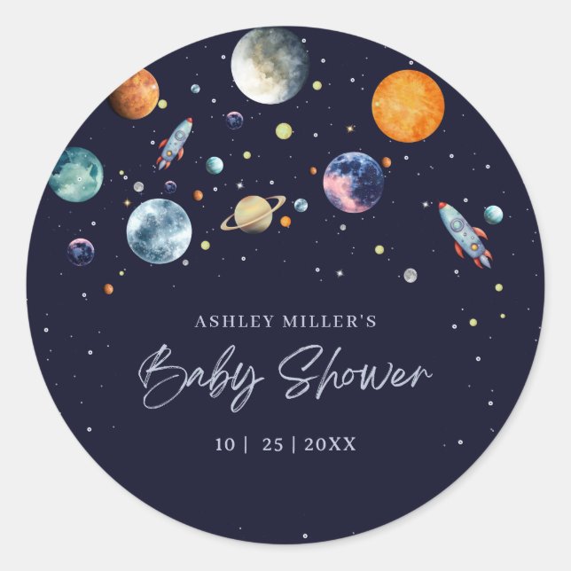 Sticker Rond Over The Moon Boy Baby Shower Invite, Space Galaxy (Devant)