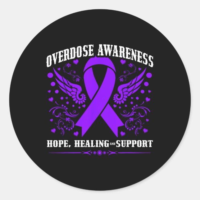 Sticker Rond Overdose Awareness Purple Ribbon Drug Addiction 55 (Devant)