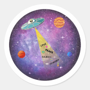 Sticker Rond OVNI Alien vaisseau spatial étoiles