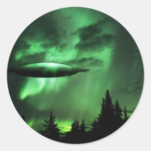 Sticker Rond OVNI dans les nuages verts