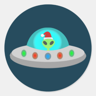 Sticker Rond OVNI de Noël Ho Ho Alien soucoupe volante