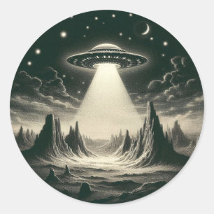 Sticker Rond OVNI vintage au-dessus des montagnes Aliens de sou