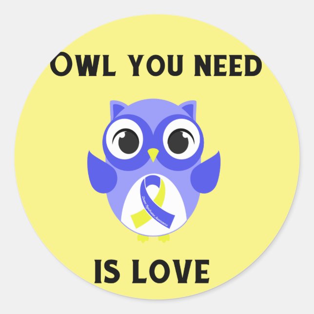 Sticker Rond Owl You Need is Love, Down Syndrome Awareness (Devant)