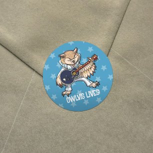 Sticker Rond Owlvis Vit ! Chouette de guitare en caricature en