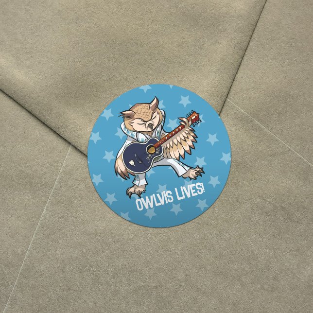 Sticker Rond Owlvis Vit ! Chouette de guitare en caricature en  (Créateur téléchargé)