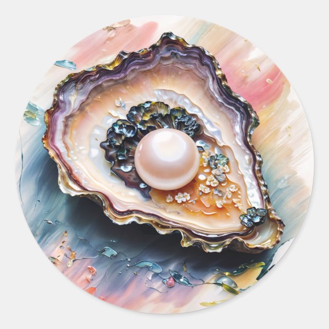 Sticker Rond Oyster Avec Pearl Sea Life Art (Devant)