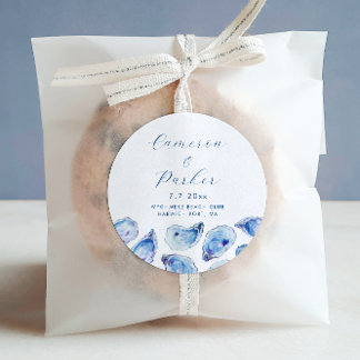 Sticker Rond Oyster Blue Aquarelle Mariage Faveur