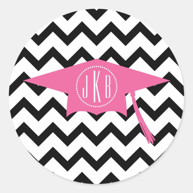 Sticker Rond Pac de graduation Monogramme rose + Chevron noir (Devant)