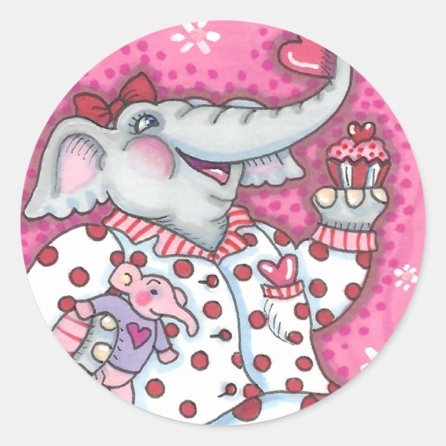 STICKER ROND PACHYDERME CHÈRE EN PAJAMAS ROSE, COUPCAGE CARDIAQ (Devant)
