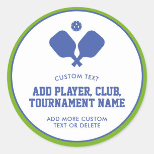 Sticker Rond Pagaie de la fête de Pickleball bleu vert personna