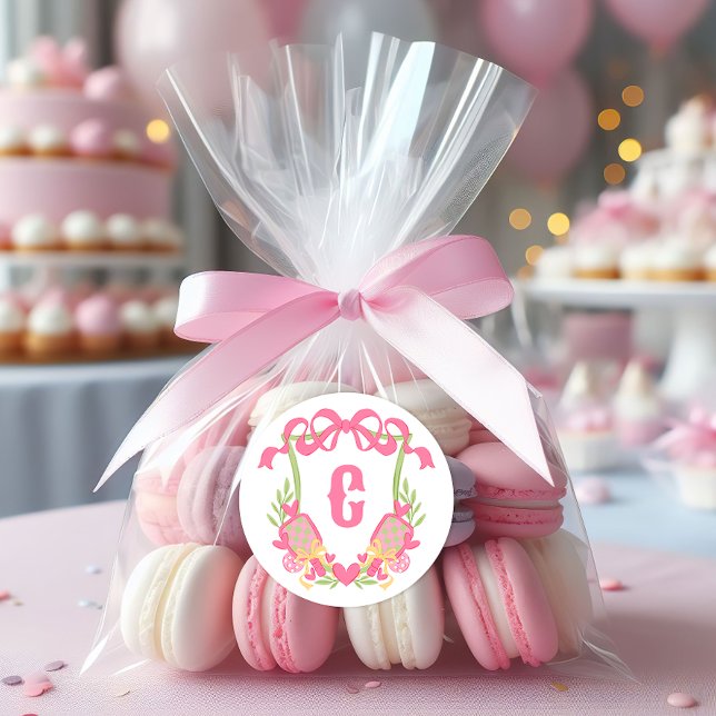 Sticker Rond Pagaie rose et vert Pickleball Monogram Crest (Créateur téléchargé)