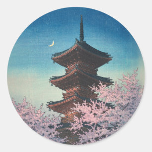 Sticker Rond Pagode de printemps japonaise vintage en gravure s