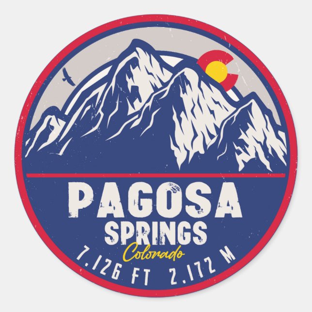 Sticker Rond Pagosa Springs Colorado Retro Sunset Mountain (Devant)