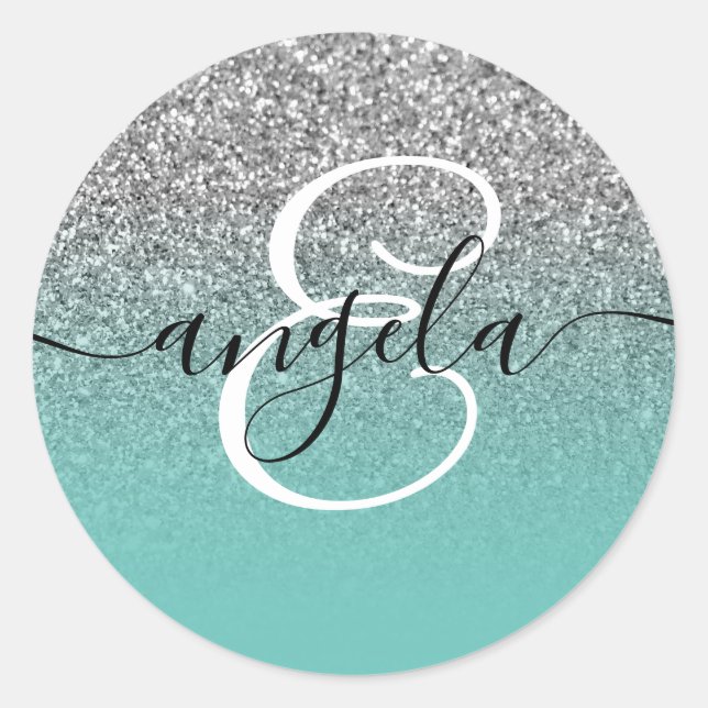 Sticker Rond Pailleté Argent Clair Monogramme Ombré Sarcelle (Devant)