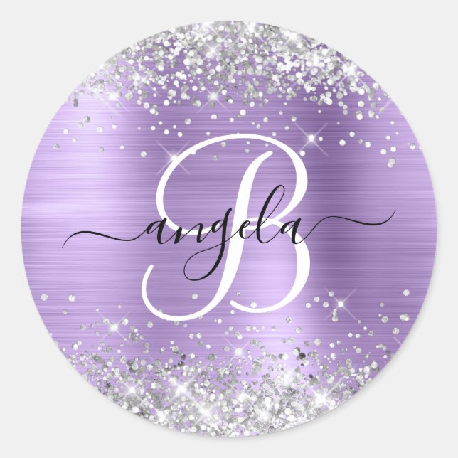 Sticker Rond Pailleté Argent Clair Violet Élégant Monogramme (Devant)