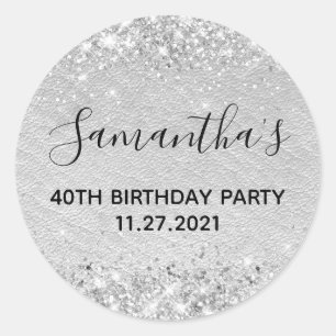 Sticker Rond Pailleté Argent Cuir Gris Clair 40e Anniversaire