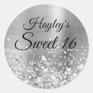 Sticker Rond Pailleté Argent Sweet 16
