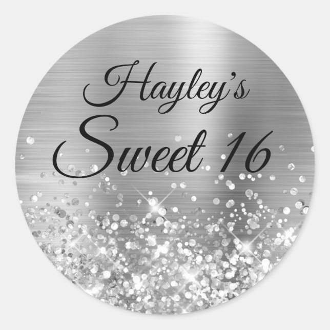 Sticker Rond Pailleté Argent Sweet 16 (Devant)