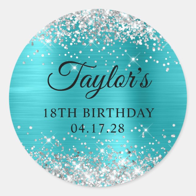 Sticker Rond Pailleté Argent Turquoise Bleu Feuille 18e Anniver (Devant)