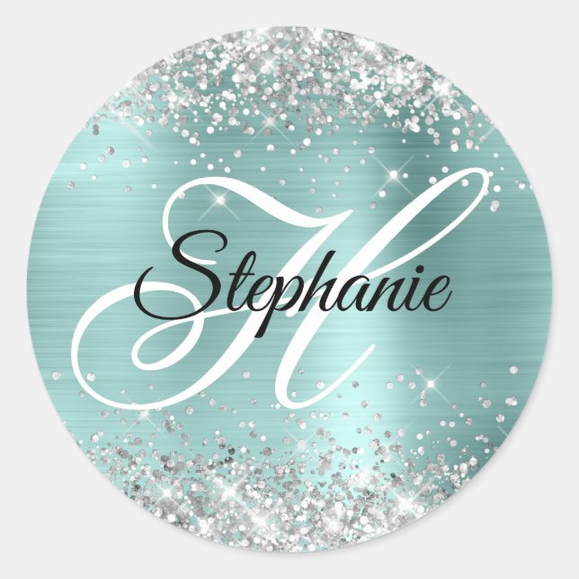 Sticker Rond Pailleté Argent Turquoise Clair Monogramme Fantais (Devant)