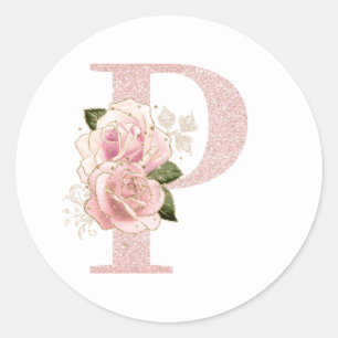 Sticker Rond Pailleté de rose pâle féminin Monogramme floral P