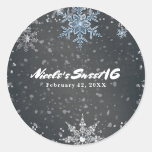 Sticker Rond Pailleté Fête de Noël Hiver Bleu Gris Argent