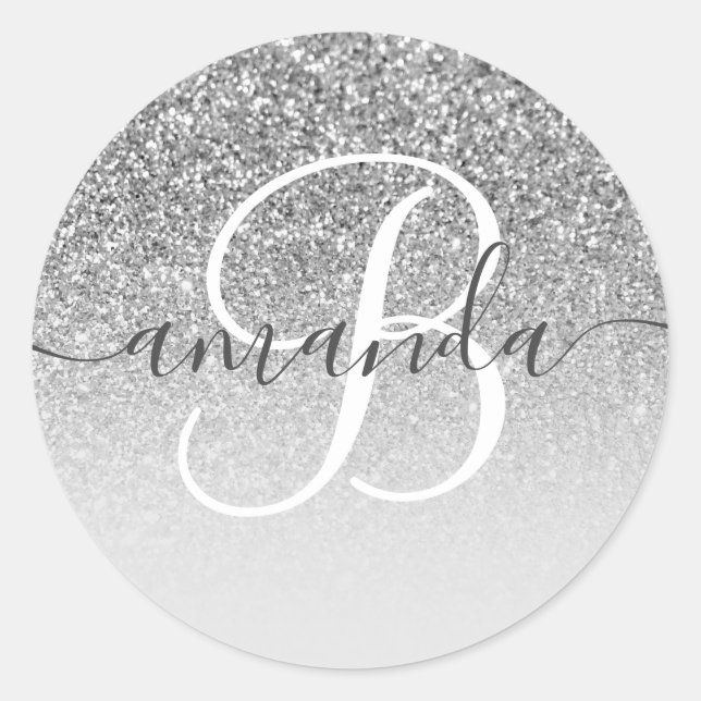 Sticker Rond Pailleté Gris Argent Ombré Monogrammé (Devant)