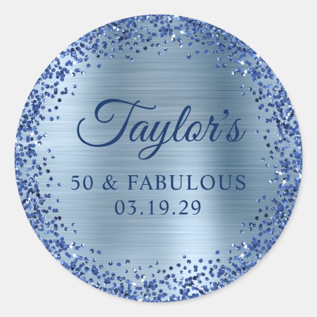 Sticker Rond Pailleté Navy Bleu Clair Feuille 50 & Fabuleux (Devant)