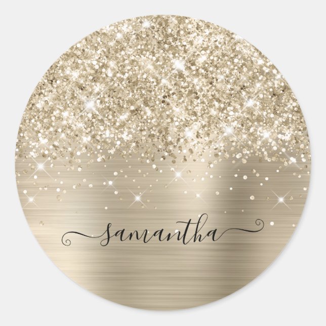 Sticker Rond Pailleté Pale Gold Girly Calligraphie de Signature (Devant)