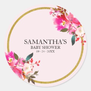 Sticker Rond Pailleté rose et or Élégant aquarelle florale