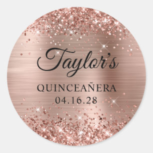 Sticker Rond Pailleté Rose Or Feuille Quinceañera